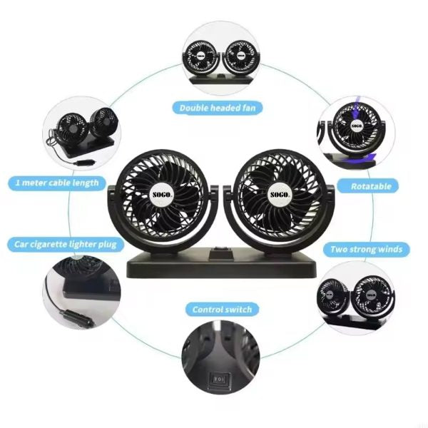 Dual Head Car Fan 4-Inch – 360° Rotating 12V/24V Cooling Fan with Plug & Box
