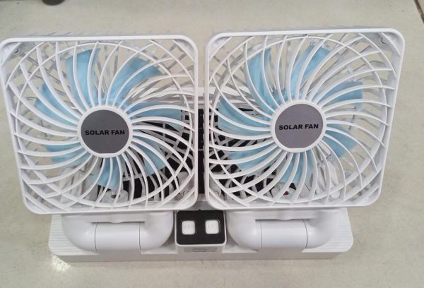 Double Head Solar Desktop Fan – Rechargeable USB Cooling Fan for Indoor/Outdoor