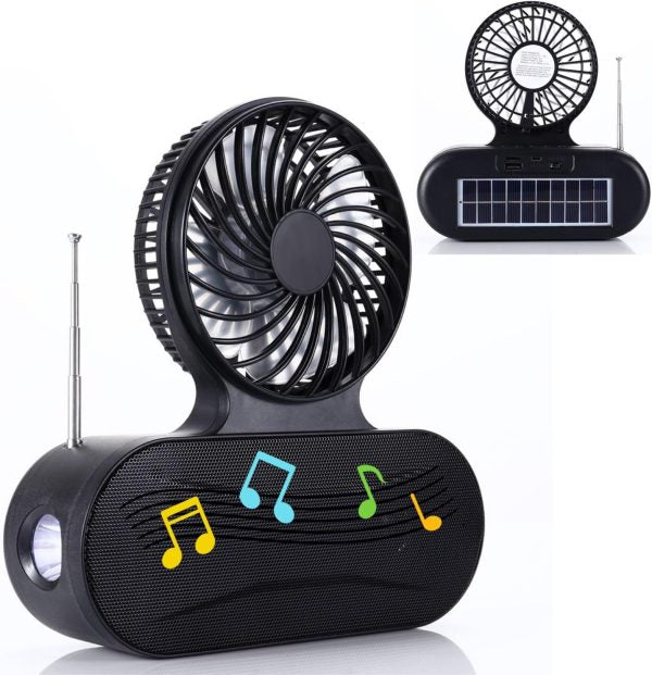 Solar Fan with Bluetooth Speaker – Portable Music, Light & Fan Combo for Women