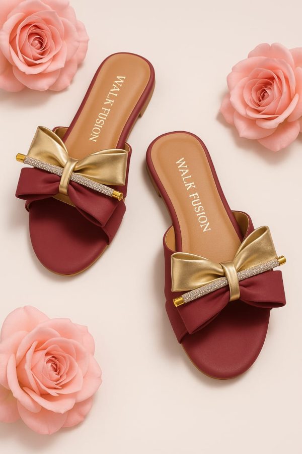 Maroon Block Heel Slip-on Slippers for Women | Golden Bow & Rhinestone Design