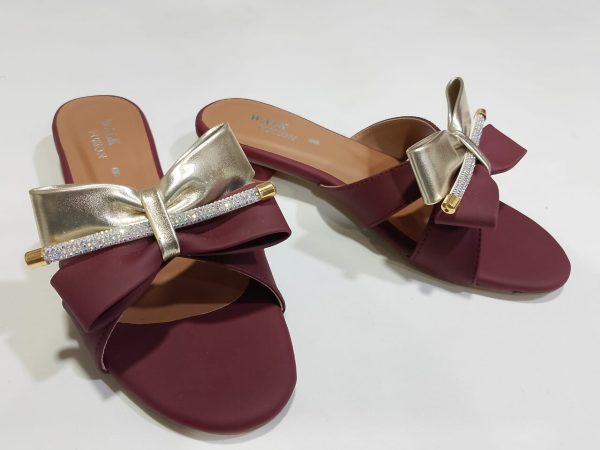 Maroon Block Heel Slip-on Slippers for Women | Golden Bow & Rhinestone Design