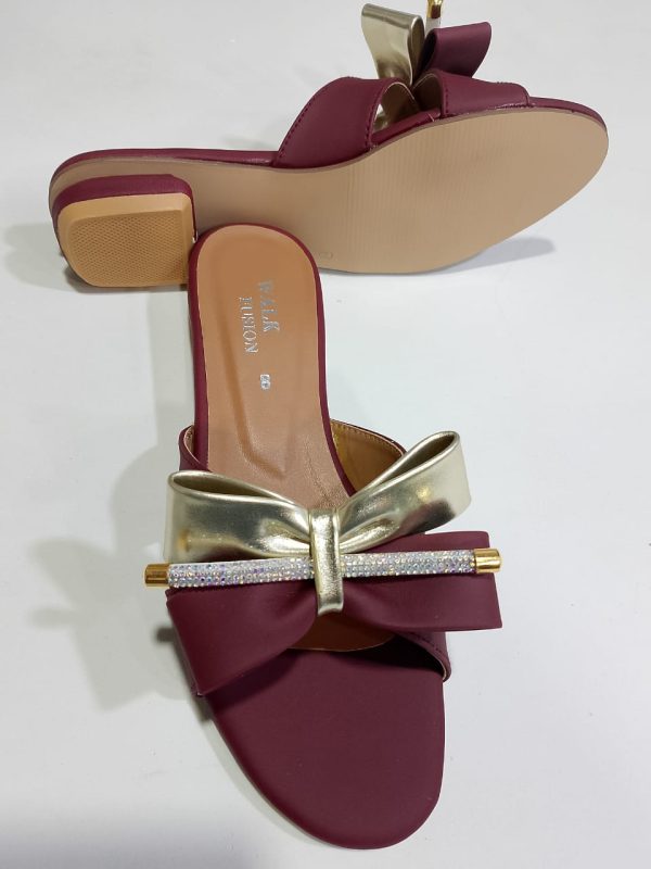 Maroon Block Heel Slip-on Slippers for Women | Golden Bow & Rhinestone Design