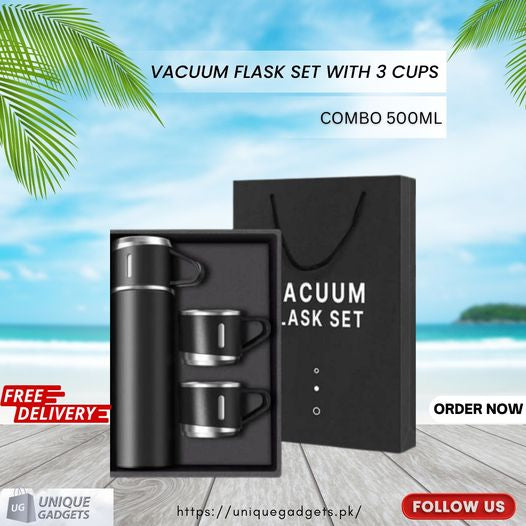 500ml Vacuum Flask Set with 3 Cups – Double-Layer Steel Thermos – Random Color