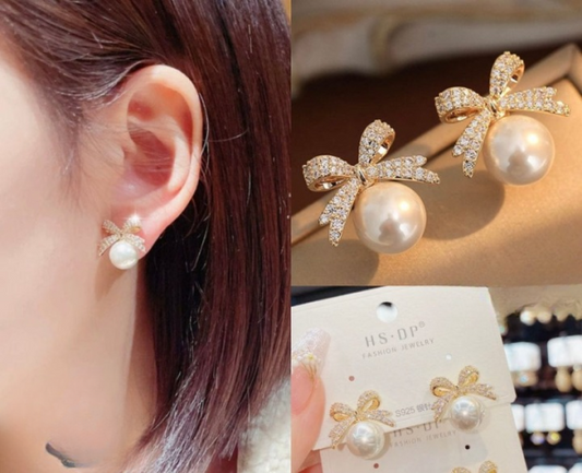 Bow Diamond Pearl Stud Earrings – Elegant Sparkle Earrings for Women & Girls