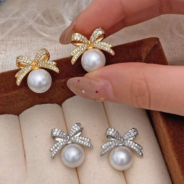 Bow Diamond Pearl Stud Earrings – Elegant Sparkle Earrings for Women & Girls