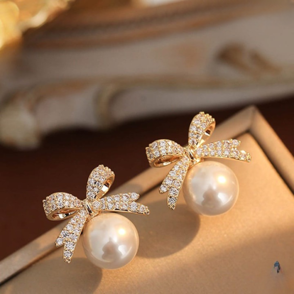 Bow Diamond Pearl Stud Earrings – Elegant Sparkle Earrings for Women & Girls
