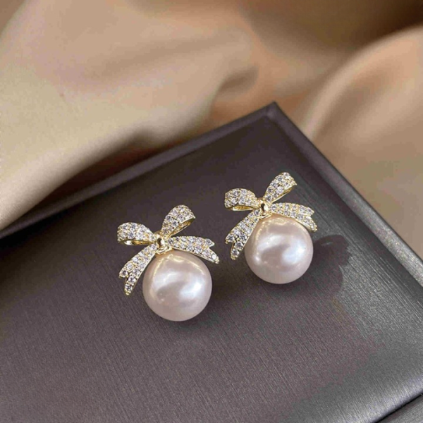 Bow Diamond Pearl Stud Earrings – Elegant Sparkle Earrings for Women & Girls