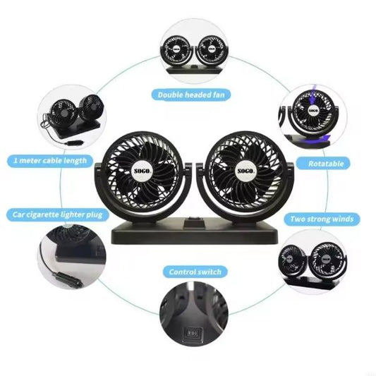 Dual Head Car Fan 4-Inch – 360° Rotating 12V/24V Cooling Fan with Plug & Box