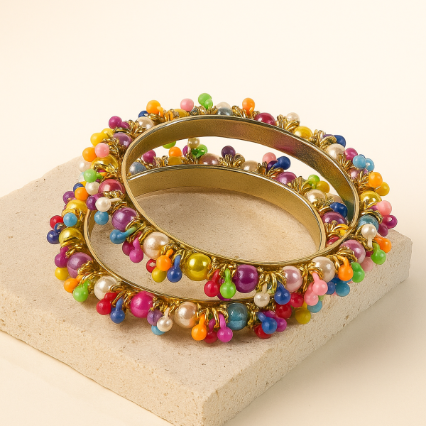 Colorful Beaded Gold Bangles for Women – Pair of Stylish Karay (No Box)