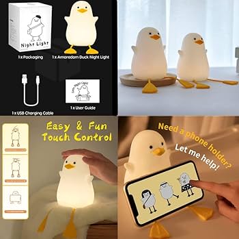 Cute Duck Night Light | LED Silicone Dimmable Touch Lamp – Rechargeable Bedside