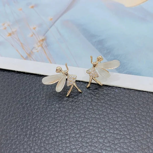 Fairy Wings Elf Flower Earrings – Cute Korean Zircon Studs for Women & Girls