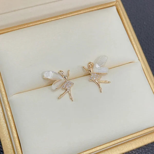 Fairy Wings Elf Flower Earrings – Cute Korean Zircon Studs for Women & Girls