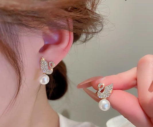 Korean Swan Pearl Earrings – Elegant Diamond Studs for Girls & Women Daily Wear