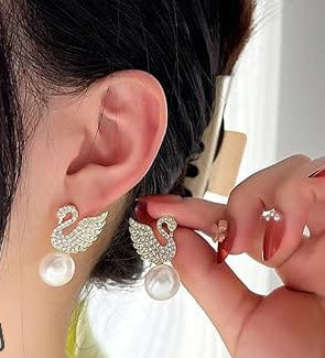 Korean Swan Pearl Earrings – Elegant Diamond Studs for Girls & Women Daily Wear
