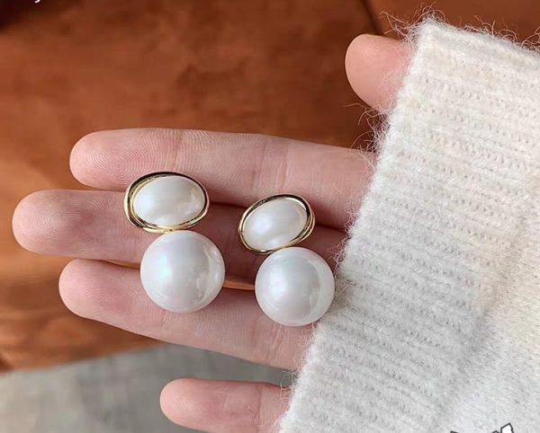 Oval Marble Korean Earrings – Golden Elegant Statement Jewelry for Women & Girls