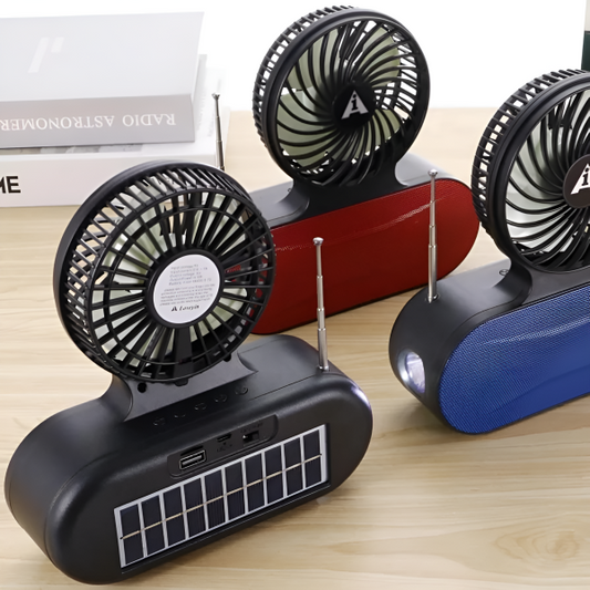 Solar Fan with Bluetooth Speaker – Portable Music, Light & Fan Combo for Women