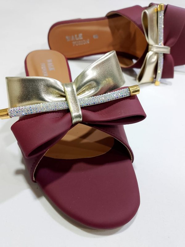 Maroon Block Heel Slip-on Slippers for Women | Golden Bow & Rhinestone Design