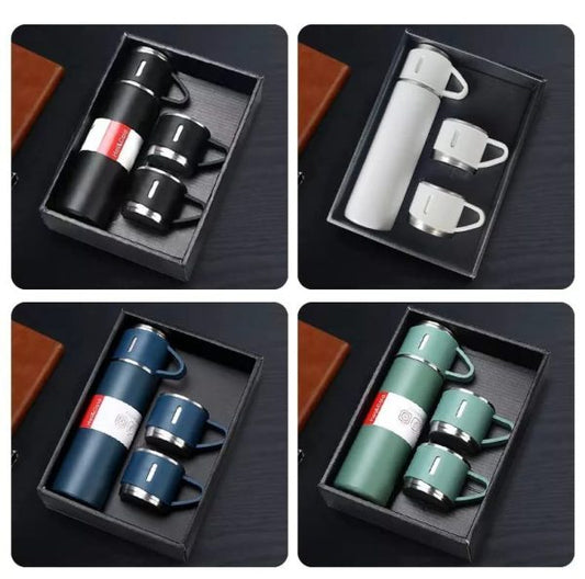 500ml Vacuum Flask Set with 3 Cups – Double-Layer Steel Thermos – Random Color