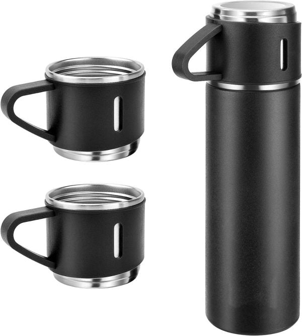 500ml Vacuum Flask Set with 3 Cups – Double-Layer Steel Thermos – Random Color