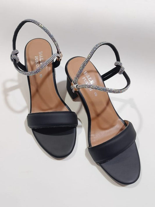 Women’s Black Block Heel Sandals | Elegant Party Wear with Rhinestone Straps
