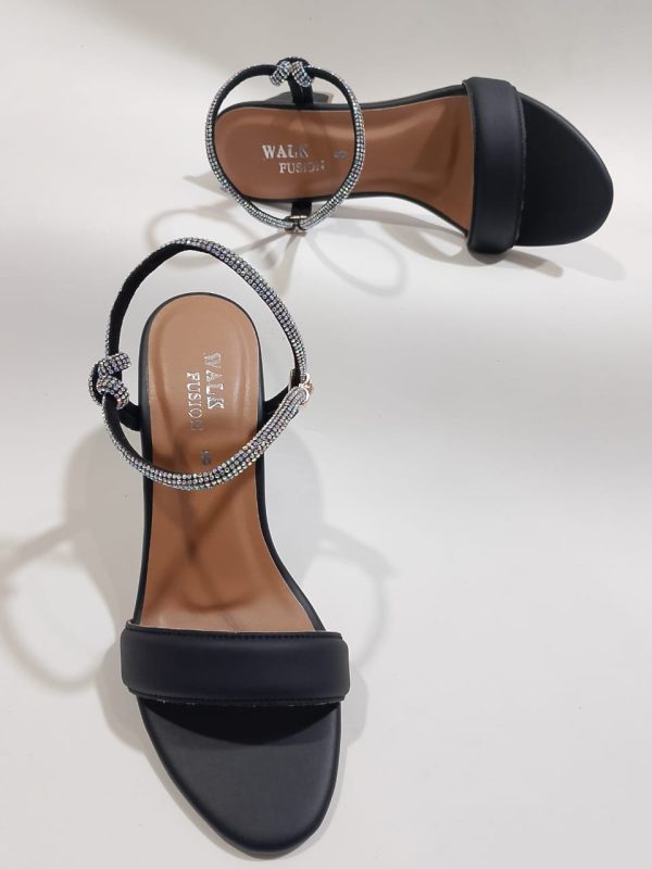 Women’s Black Block Heel Sandals | Elegant Party Wear with Rhinestone Straps